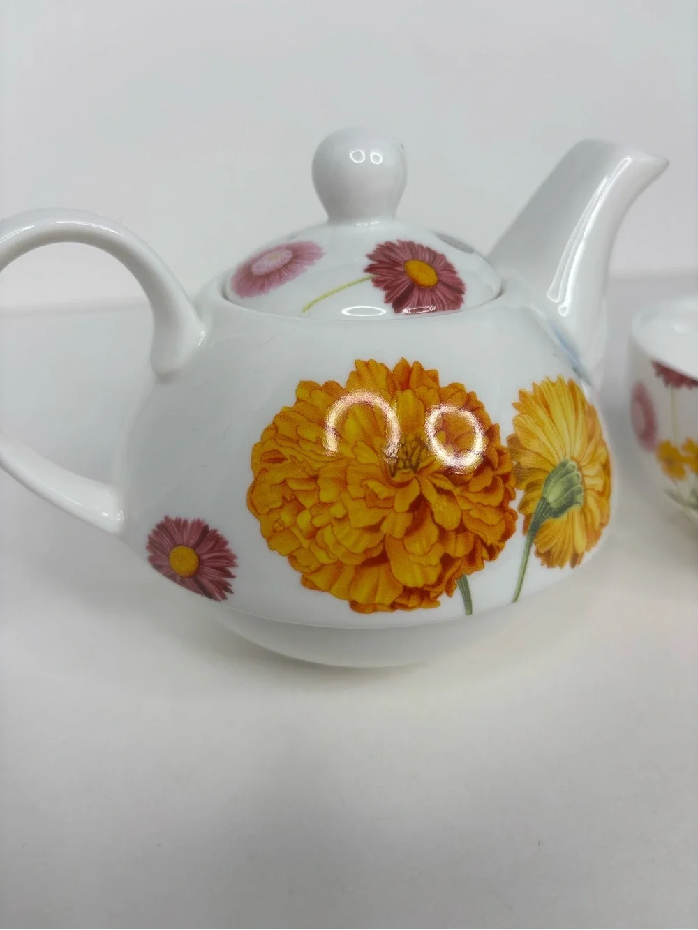 Gracie China Floral Ceramic Tea for One Set with Yellow Marigold Motif Pot & Cup